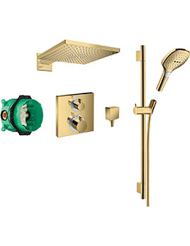 Square concealed valve with Raindance (300) overhead and Select Rail kit Polished Gold-Optic