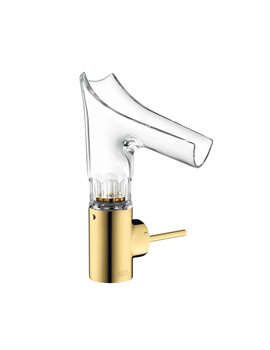 Axor Starck V single lever spout 140 with glass spout with bevel cut with pop-up waste set By Axor