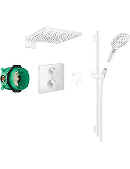Square concealed valve with Raindance (300) overhead and Select Rail kit Matt White